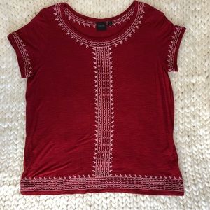 RAFAELLA Red top with white embroidered front and back short sleeve scoop